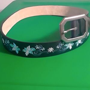 Women's  Navy Belt with Machine embroidered flowers. Size - Large